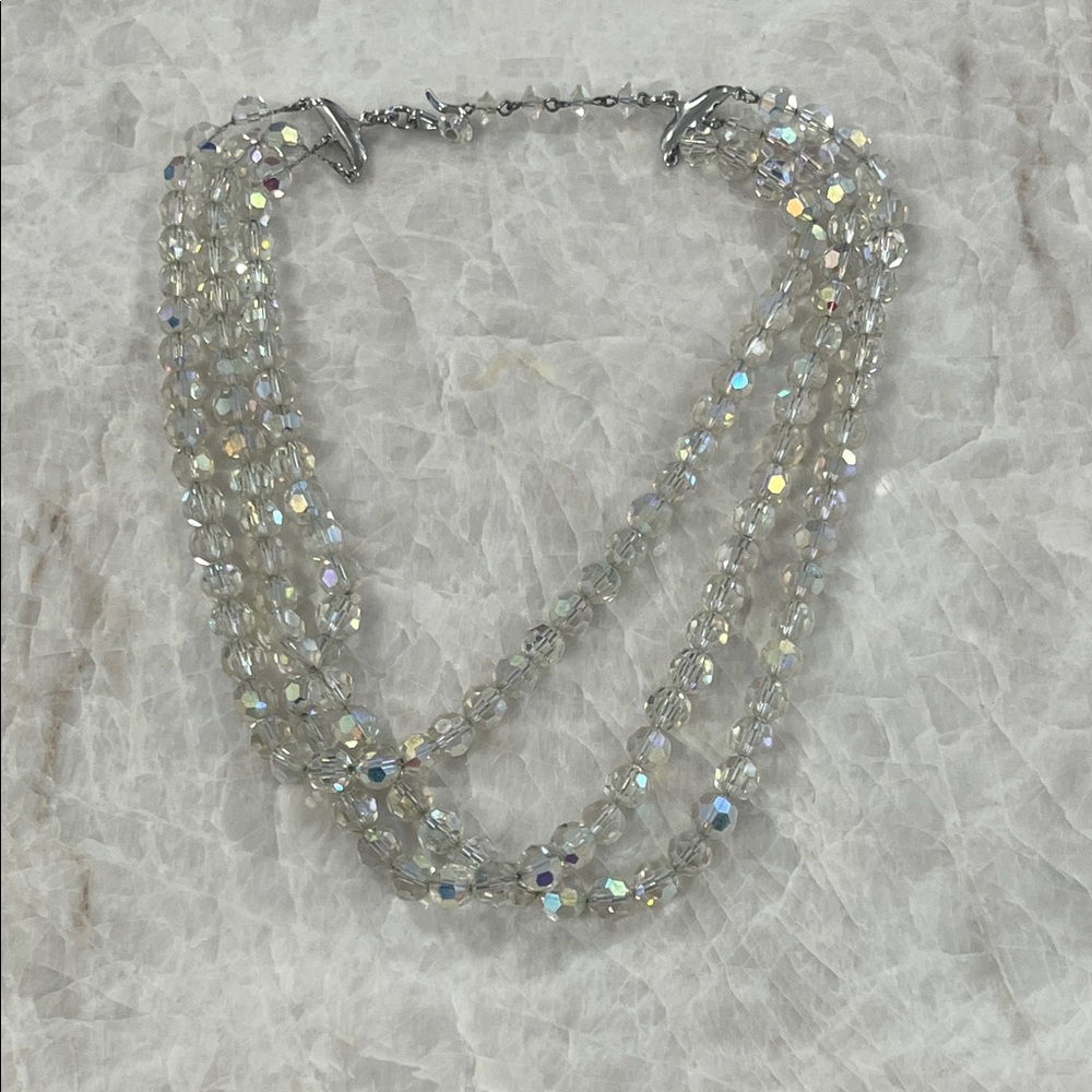 Vintage 1950's Three Strand Iridescent Austrian AB Crystal Beads Necklace